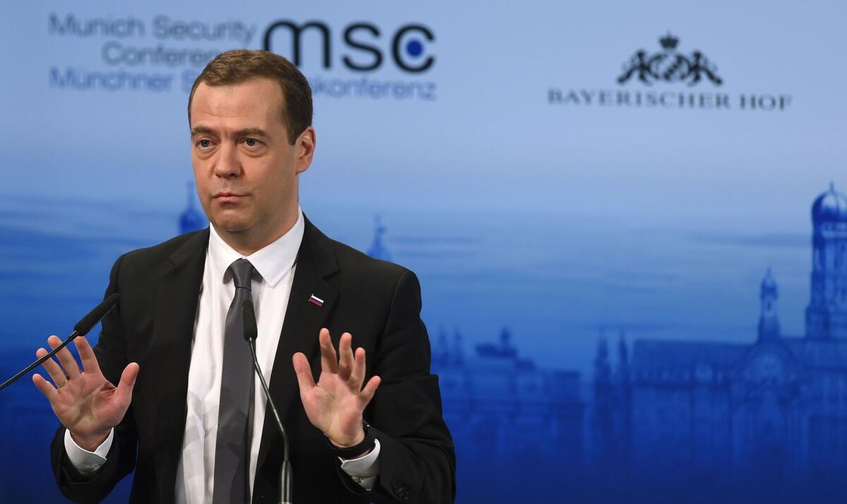 Russian Prime Minister Dmitry Medvedev speaks at the Munich Security Conference in Germany on Saturday.
