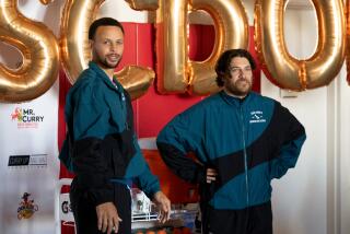 MR. THROWBACK -- "Eric Roth Costs a Fortune, Bro" Episode 106 -- Pictured: (l-r) Stephen Curry as himself, Adam Pally as Danny -- (Photo by: David Moir/Peacock)