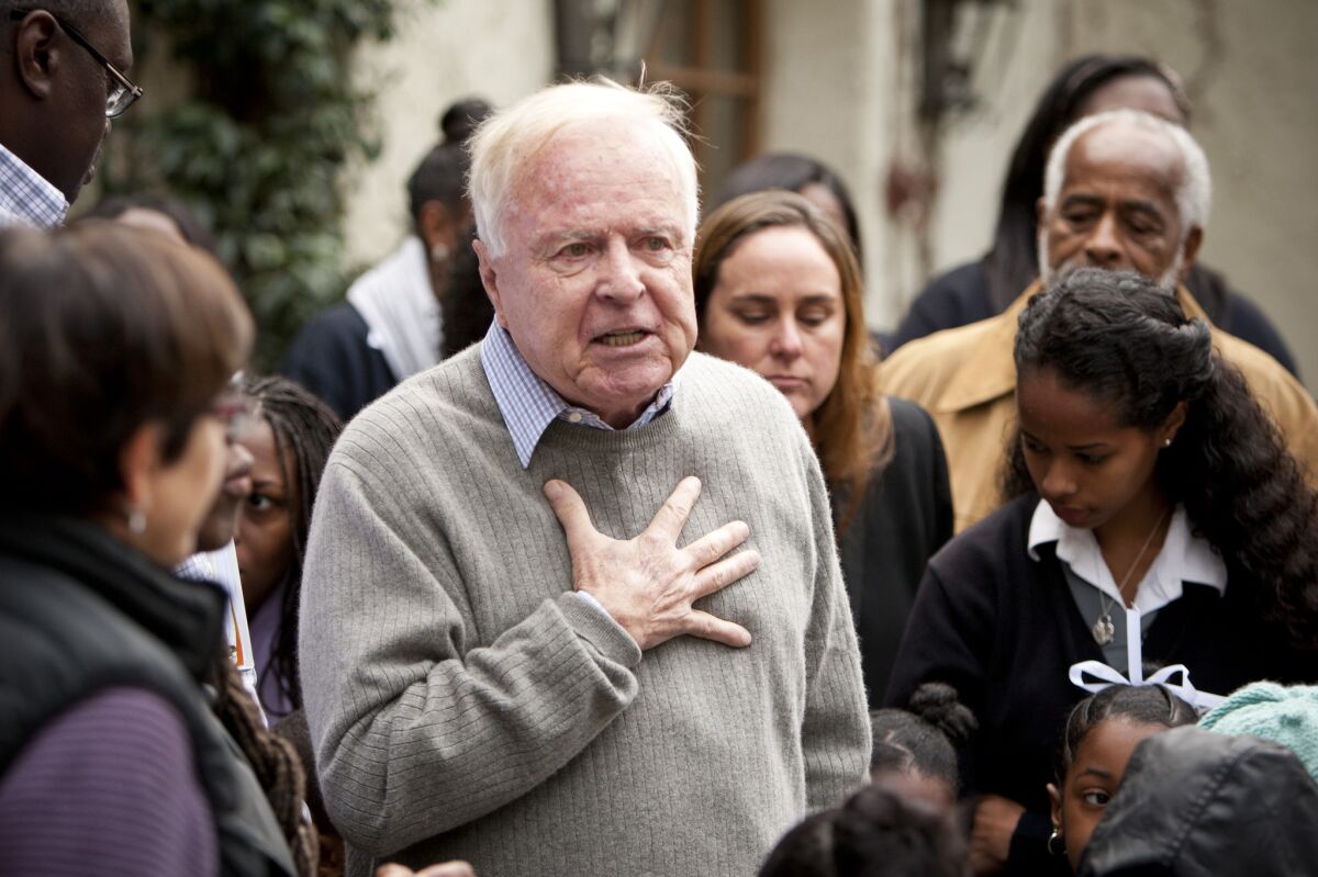 Former Mayor Richard Riordan speaking to parents, students and teachers at his home in Los Angeles in 2011.