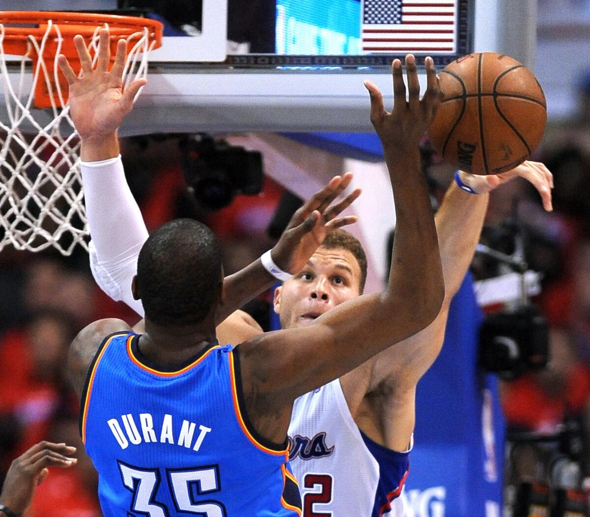 Clippers power forward Blake Griffin blocks a shot by Thunder forward Kevin Durant.