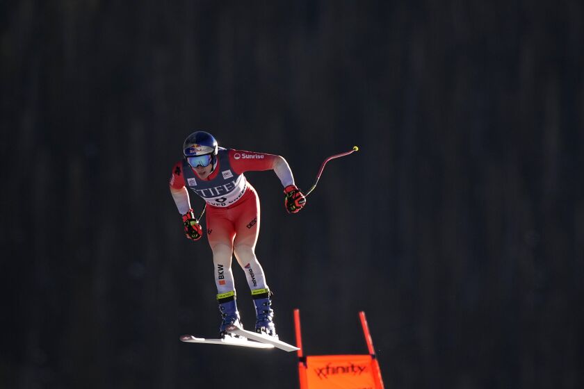 Switzerland's Marco Odermatt races during a men's World Cup downhill training run Thursday, Dec. 1, 2022, in Beaver Creek, Colo. (AP Photo/John Locher)