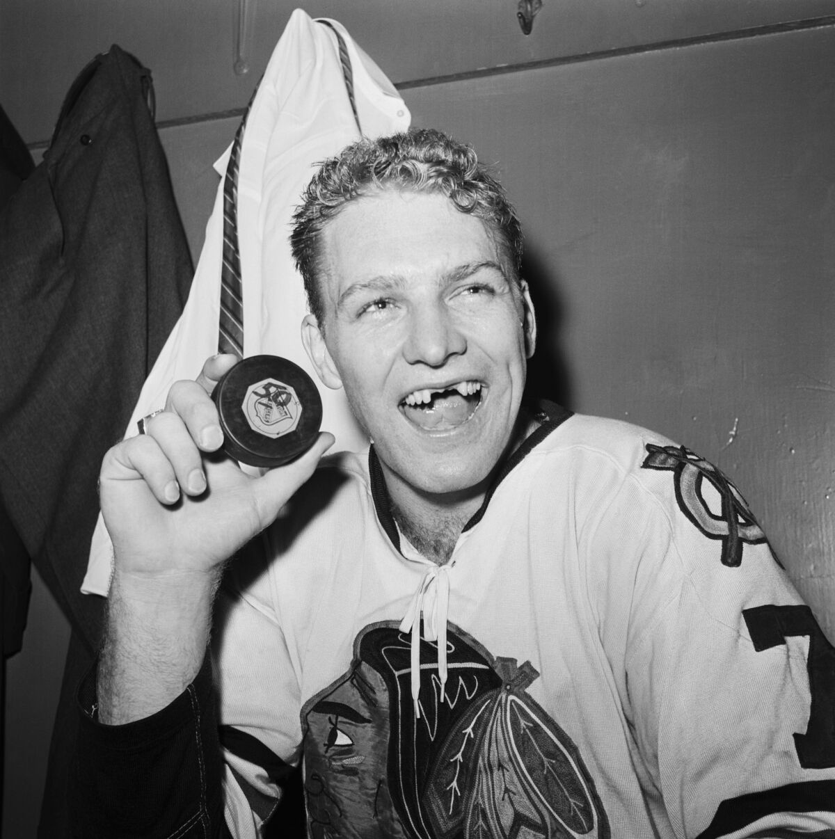 A grinning Bobby Hull, forward for the Chicago Blackhawks.