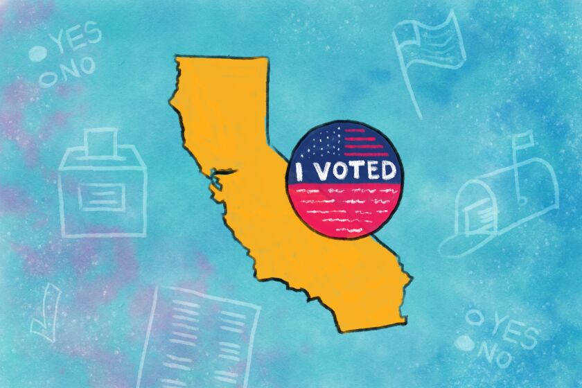 illustration of the state of California and an "I voted" sticker