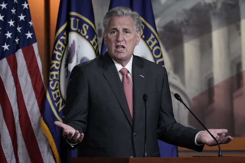 FILE - In this Nov. 12, 2020 file photo House Minority Leader Kevin McCarthy, R-Calif., talks during a news conference on Capitol Hill in Washington. At a time when California residents were being urged to avoid social gatherings, McCarthy attended his son's wedding in December in San Luis Obispo County, along with a small group of family members. (AP Photo/J. Scott Applewhite,File)
