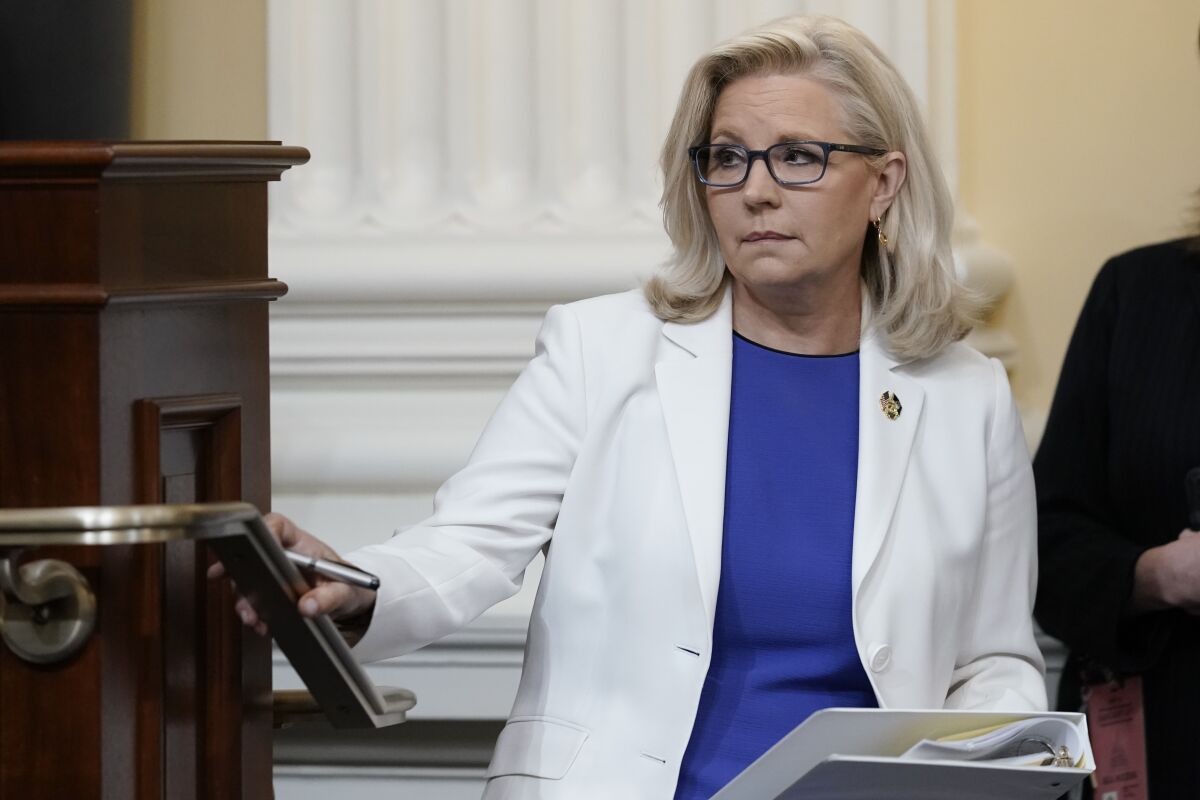 Liz Cheney arrives as the House select committee investigating the Jan. 6 attack holds a hearing at the Capitol last month.