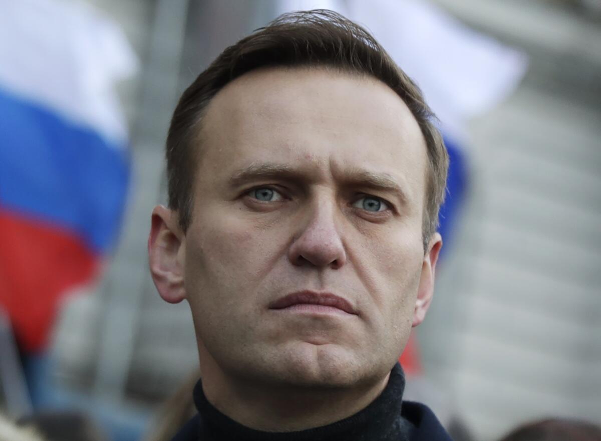 A close-up of Russian opposition activist Alexei Navalny in a February 2020 photo at a march