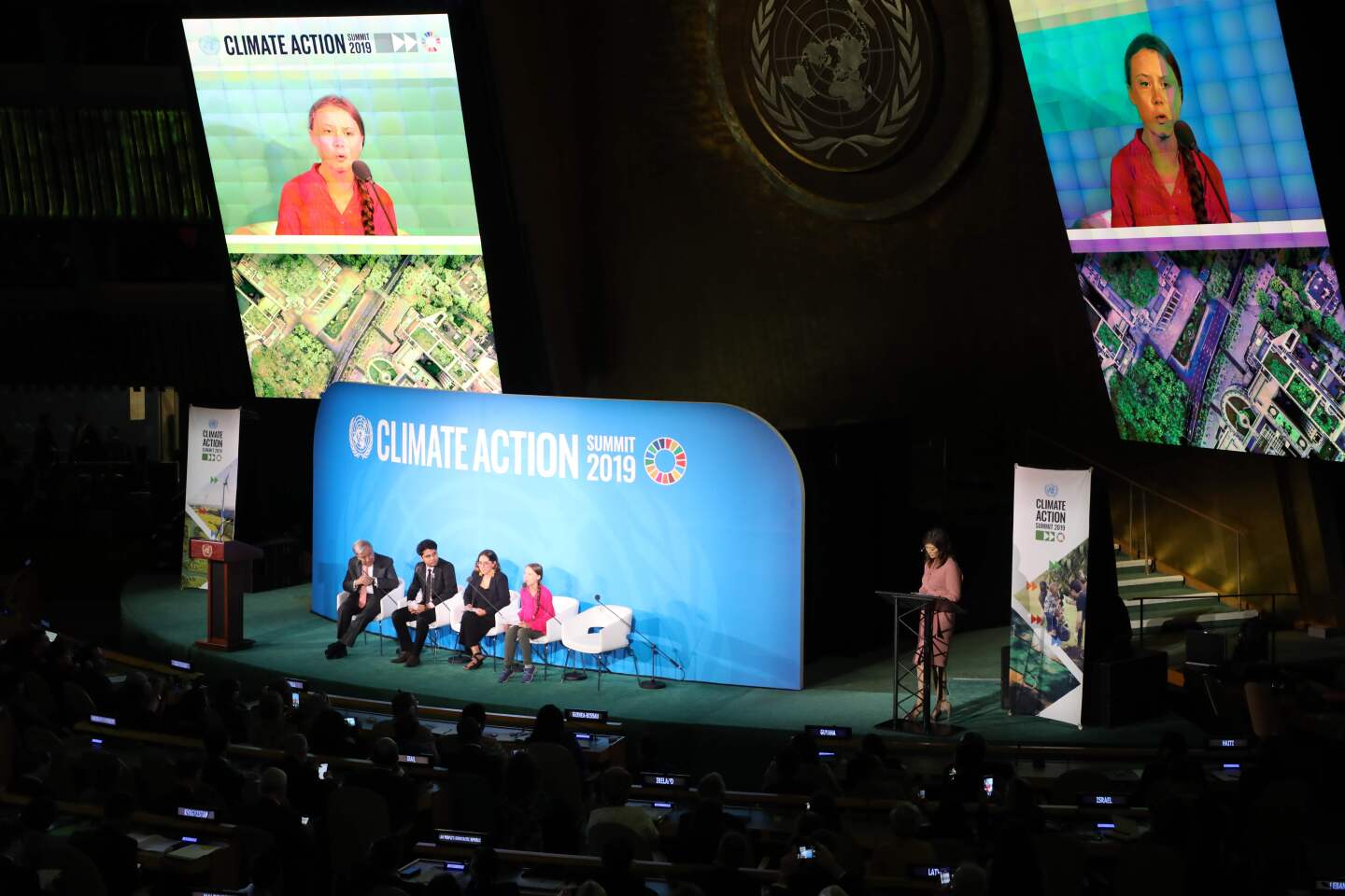Youth Climate activist Greta Thunberg (R) speaks during the UN Climate Action Summit on September 23, 2019 at the United Nations Headquarters in New York City. (Photo by Ludovic MARIN / AFP)LUDOVIC MARIN/AFP/Getty Images ** OUTS - ELSENT, FPG, CM - OUTS * NM, PH, VA if sourced by CT, LA or MoD **