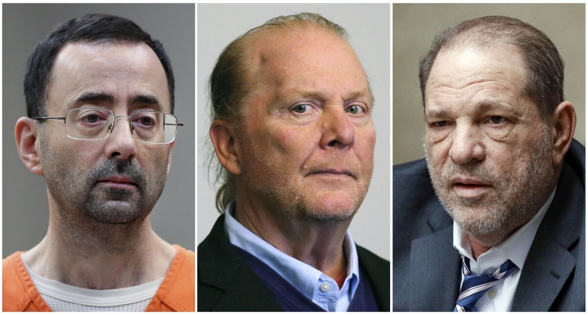 This combination of 2017-2020 photos shows, from left, Dr. Larry Nassar, Mario Batali, and Harvey Weinstein. Legal experts and victims’ advocates say celebrity chef Batali’s acquittal on sexual assault charges underscores the inherent difficulties of prosecuting such cases nearly five years into the #MeToo era. (AP Photo/Paul Sancya, John Minchillo; David L Ryan/The Boston Globe via AP)
