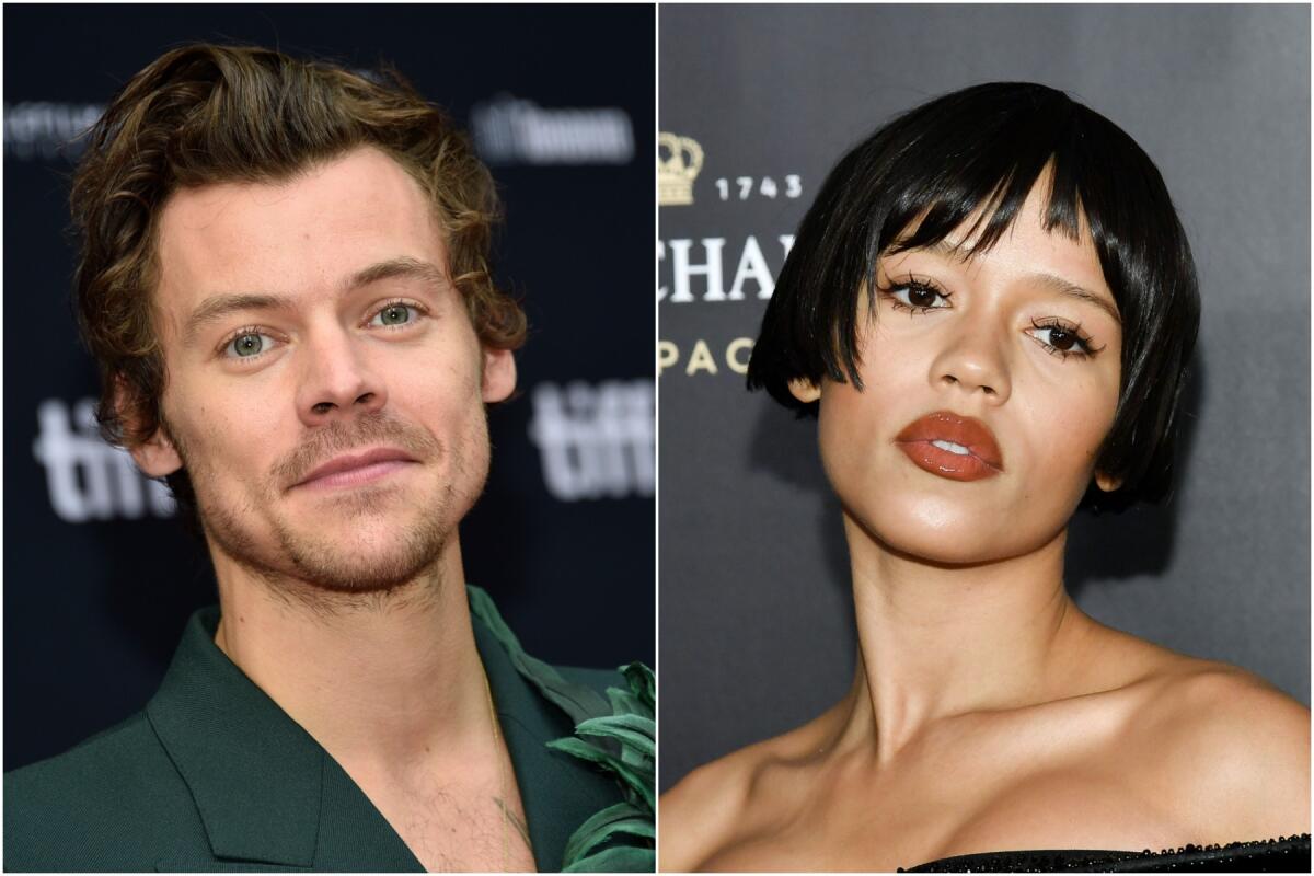 A split image of Harry Styles in a green suit and Taylor Russell in a sleeveless black dress.