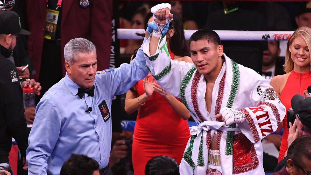 Vergil Ortiz Jr. celebrates his knockout win over Mauricio Herrera following their welterweight fight on May 4 in Las Vegas.
