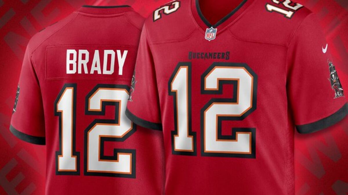 Tom Brady's Buccaneers uniform shown on NFL SHOP.