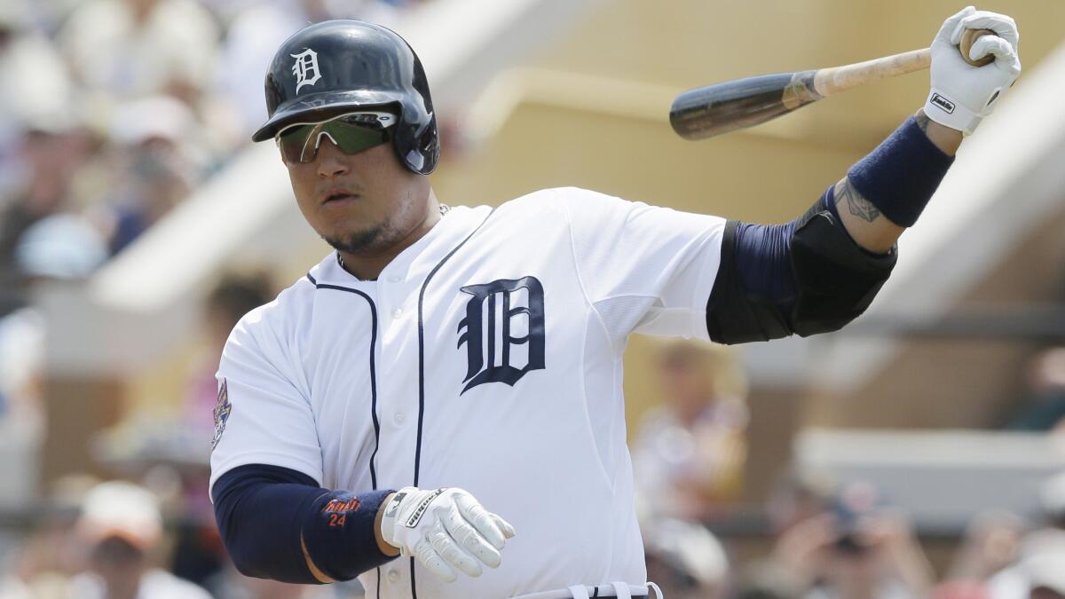 Detroit Tigers first baseman warms up before an at-bat during an exhibition game against the Miami Marlins on March 25.