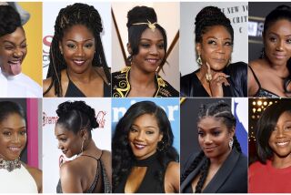 This combination photo shows various hairstyles worn by actress-comedian Tiffany Haddish. Haddish recalls leaving the set of a big-budget movie in tears in search of someone who could properly do her hair. From Oscar winners to stars on the rise, many African American actresses have similar stories about hair struggles in Hollywood. While the industry is known for its glamour and beauty, some say the lack of diversity behind the scenes has led to challenging situations for women of color. (AP Photo)