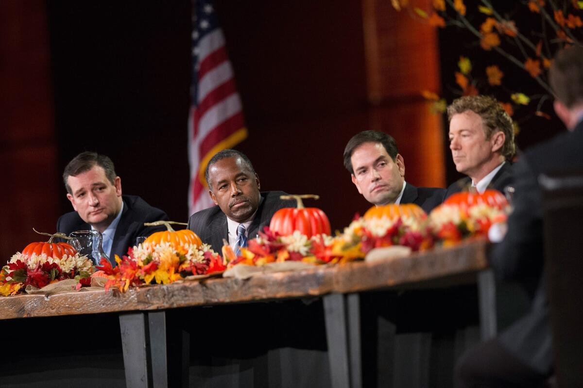 DES MOINES, IA - NOVEMBER 20: Republican presidential candidates (LtoR) Ted Cruz (R-TX), Ben Carson, Sen. Marco Rubio (R-FL), Sen. Rand Paul (R_KY), attend the Presidential Family Forum on November 20, 2015 in Des Moines, Iowa. Attendance at the event was lower than organizers had hoped as an early-winter snowstorm moved through the area dumping several inches of snow on the city. (Photo by Scott Olson/Getty Images) ** OUTS - ELSENT, FPG, CM - OUTS * NM, PH, VA if sourced by CT, LA or MoD **