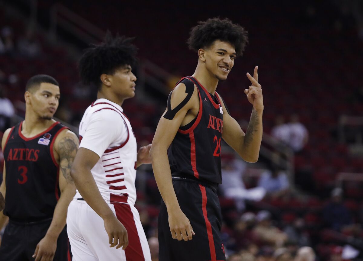 San Diego State's Chad Baker-Mazara gestures after scoring 20 points off the bench against Fresno State on Feb. 19.