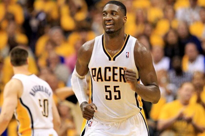Pacers center Roy Hibbert during his team's 91-77 victory Saturday night over the Miami Heat in Indianapolis.