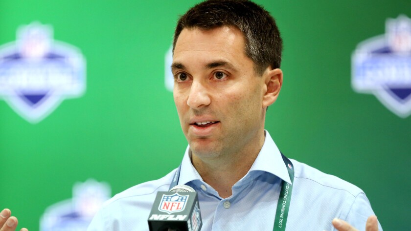 Chargers General Manager Tom Telesco addresses the media during the NFL scouting combine in March.