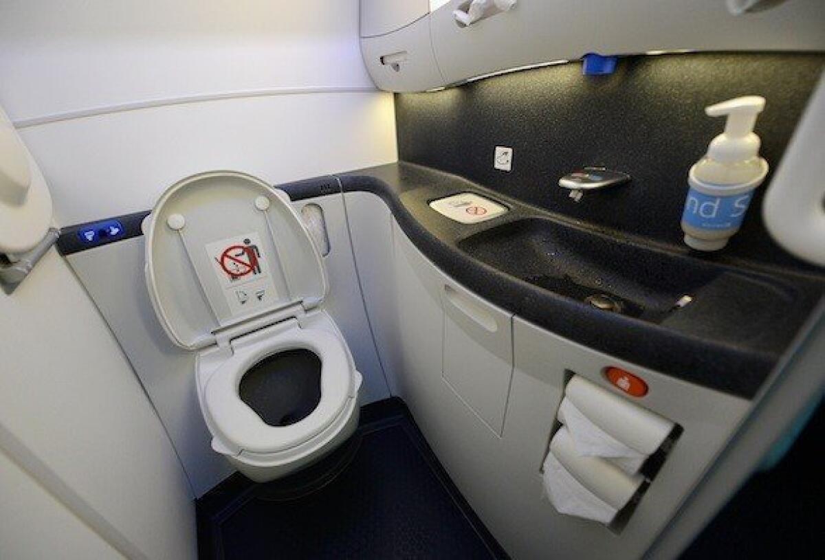Airplane toilets really aren't going away any time soon. Here's an automated flush toilet on the new Boeing 787 Dreamliner.