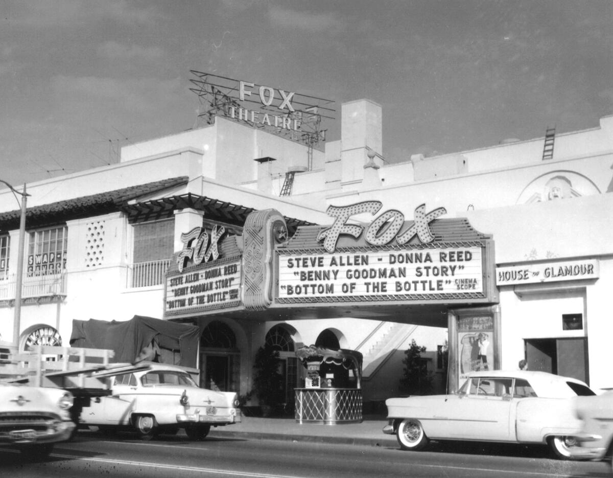 The front of the Fox Theatre in Fullerton as it appeared in 1956.
