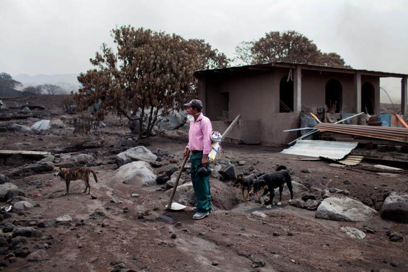 Juan Ortiz, 63, from El Barrio, stands over roughly 2 meters of volcanic debris along the former main thoroughfare of San Miguel los Lotes and in front of a house where only the second story can be seen as the rest remains completely buried. A violent eruption by Fuego Volcano completely destroyed the community on Sunday, June 3, 2018. Mr. Ortiz is hoping to recover the remains of his son Jesus Ezequiel Ortiz and other relatives whose home was completely buried under the volcanic debris. As of now, over 110 victims have been identified, with at least 200 missing and thousands evacuated from neighboring villages. San Miguel los Lotes, Escuintla, Guatemala. June 14, 2018.