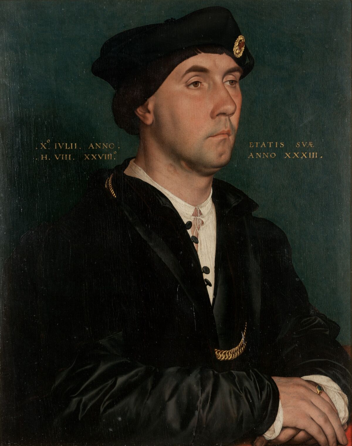 A painting of a man  in a dark hat and coat, with hands folded.