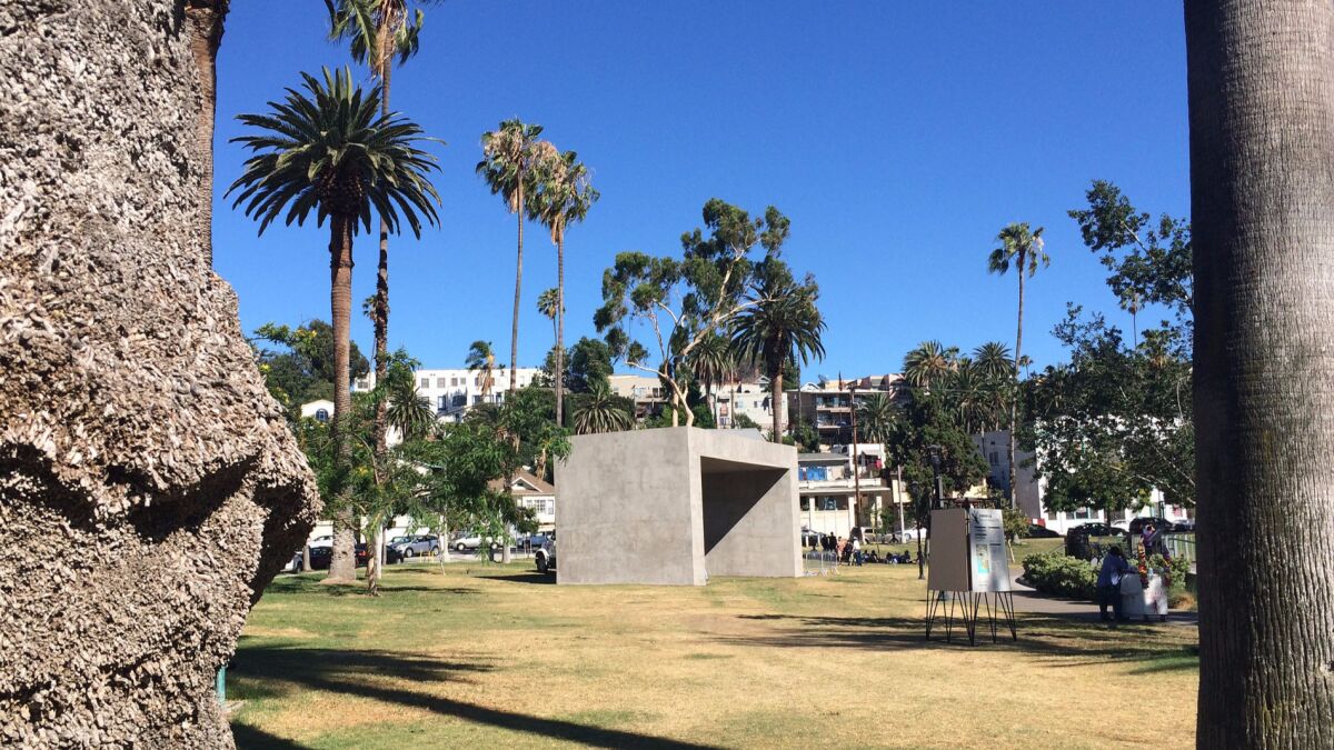 Margolles' monument "La Sombra (The Shadow)" as seen in Echo Park.