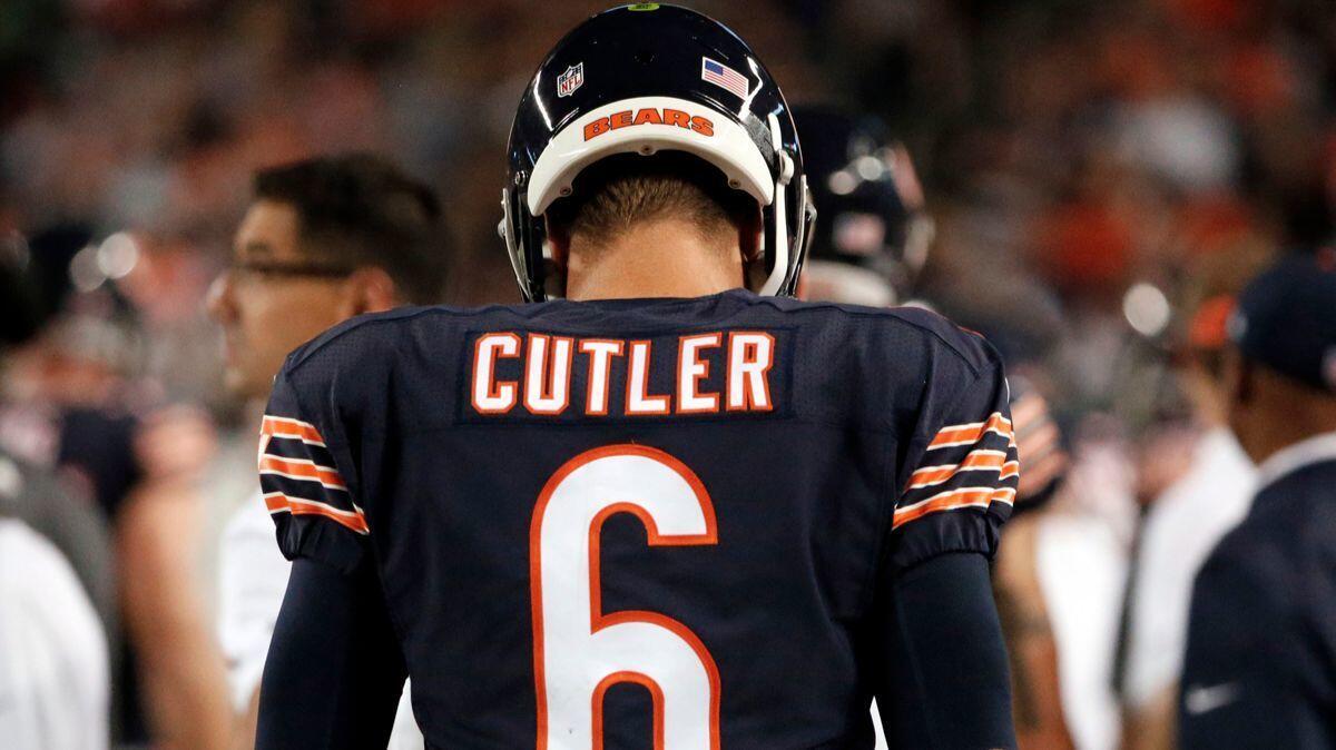 Former Chicago Bears quarterback Jay Cutler (6) walks on the sideline during the second half against the Philadelphia Eagles in Chicago. The Bears released Cutler on Thursday as the NFL free agent market opened.