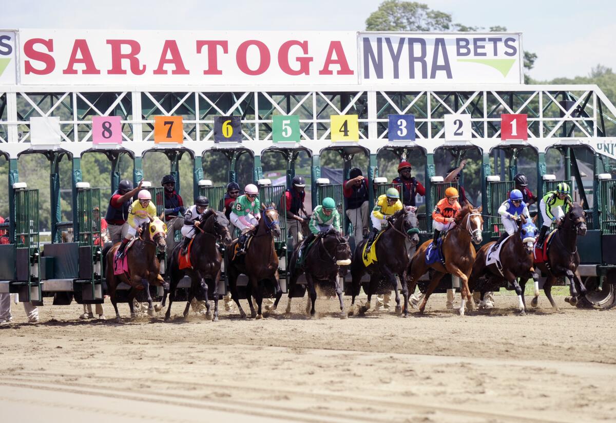 Horses break from the starting gate at Saratoga Race Course on July 22.