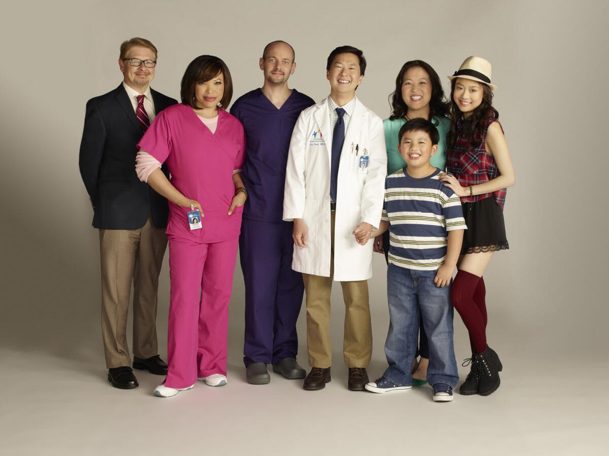 The cast of "Dr. Ken," from left, Dave Foley, Tisha Campbell-Martin, Jonathan Slavin, Ken Jeong, Suzy Nakamura, Albert Tsai, Krista Marie Yu.