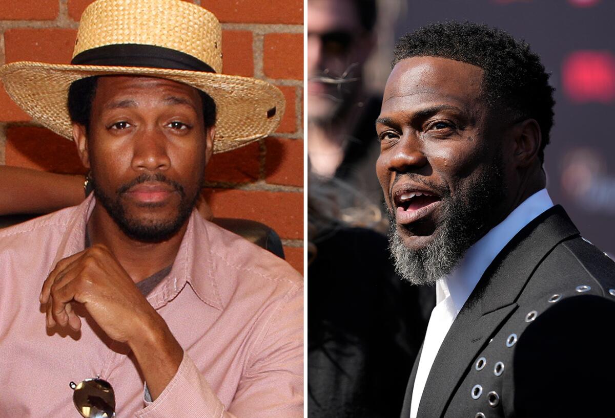 A collage of Jonathan "J.T." Jackson in a straw hat and pink shirt and a bearded Kevin Hart in a black suit and white shirt