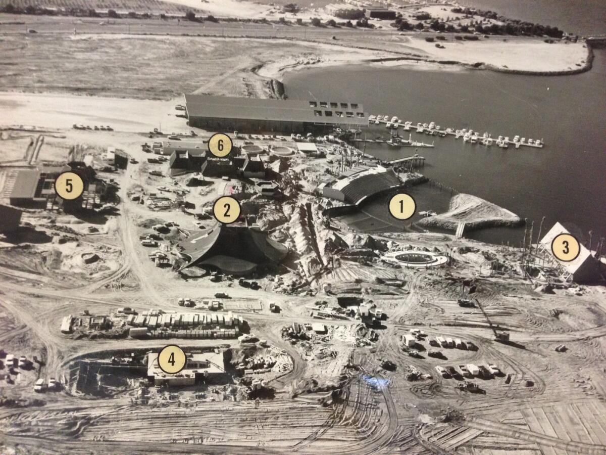 Three months before opening, this December 1963 aerial shows SeaWorld construction in high gear.