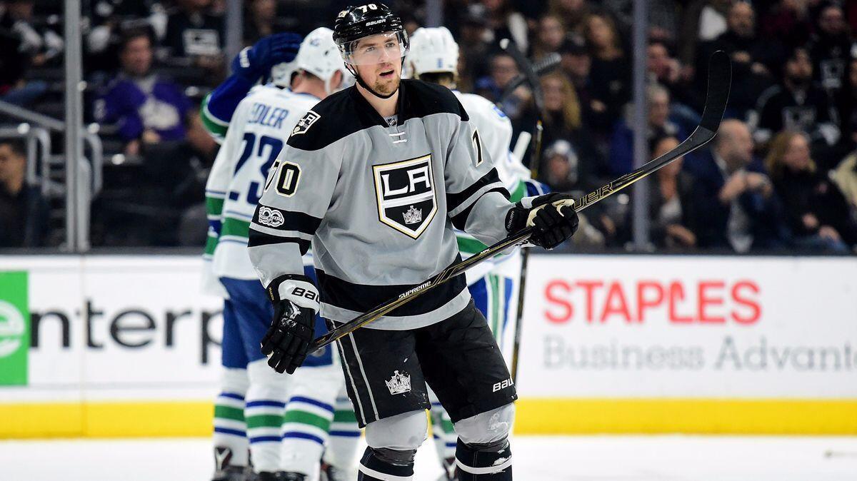 Kings winger Tanner Pearson reacts as the Vancouver Canucks celebrate a goal during the second period at Staples Center on March 4. The Kings signed Pearson to a four-year contract.