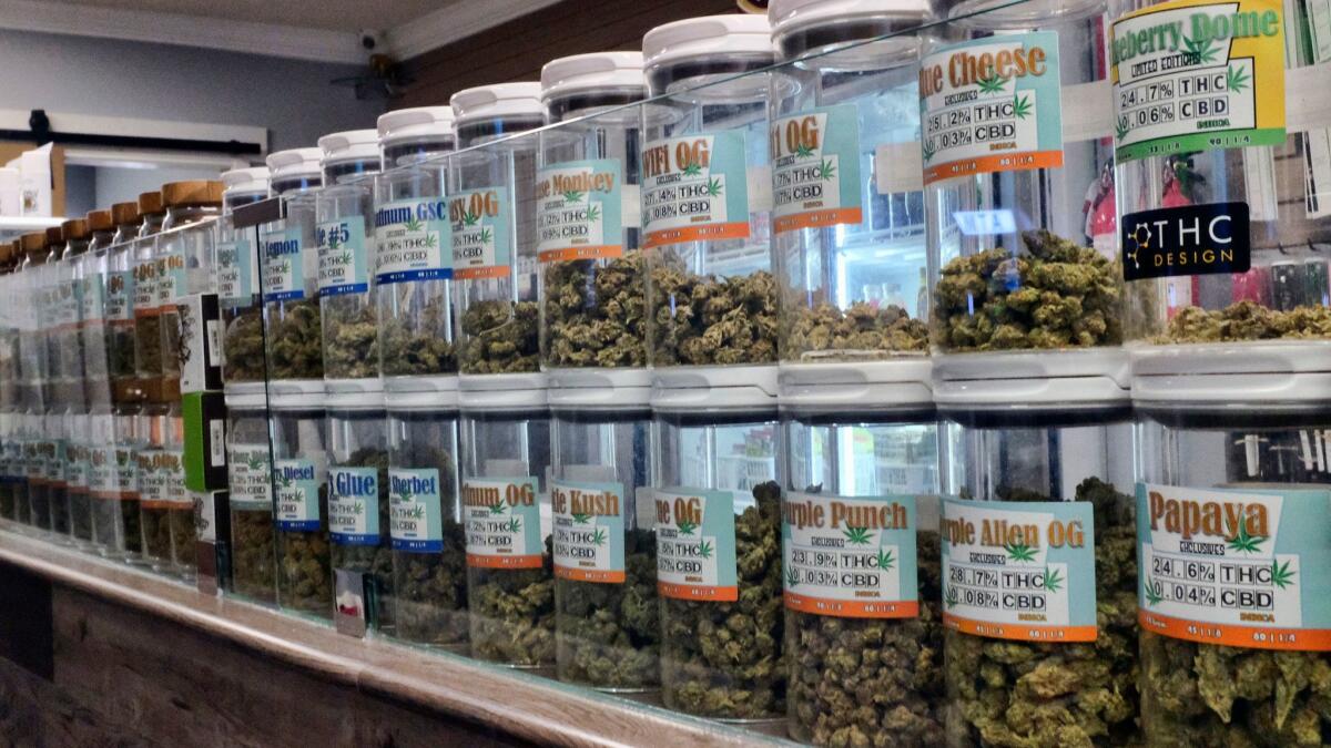 California kicks off recreational marijuana sales on New Year's Day, but sales won't begin right away in Los Angeles. Above, jars of pot at an L.A. medical marijuana dispensary.