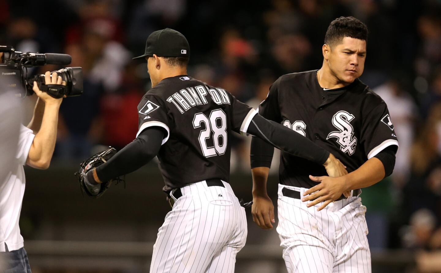 Trayce Thompson and Avisail Garcia celebrate after the win.