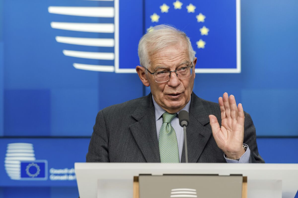 European Union foreign policy chief Josep Borrell speaks during a media conference after a round table meeting of the Eastern Partnership at the European Council building in Brussels, Monday, Nov. 15, 2021. (AP Photo/Geert Vanden Wijngaert)