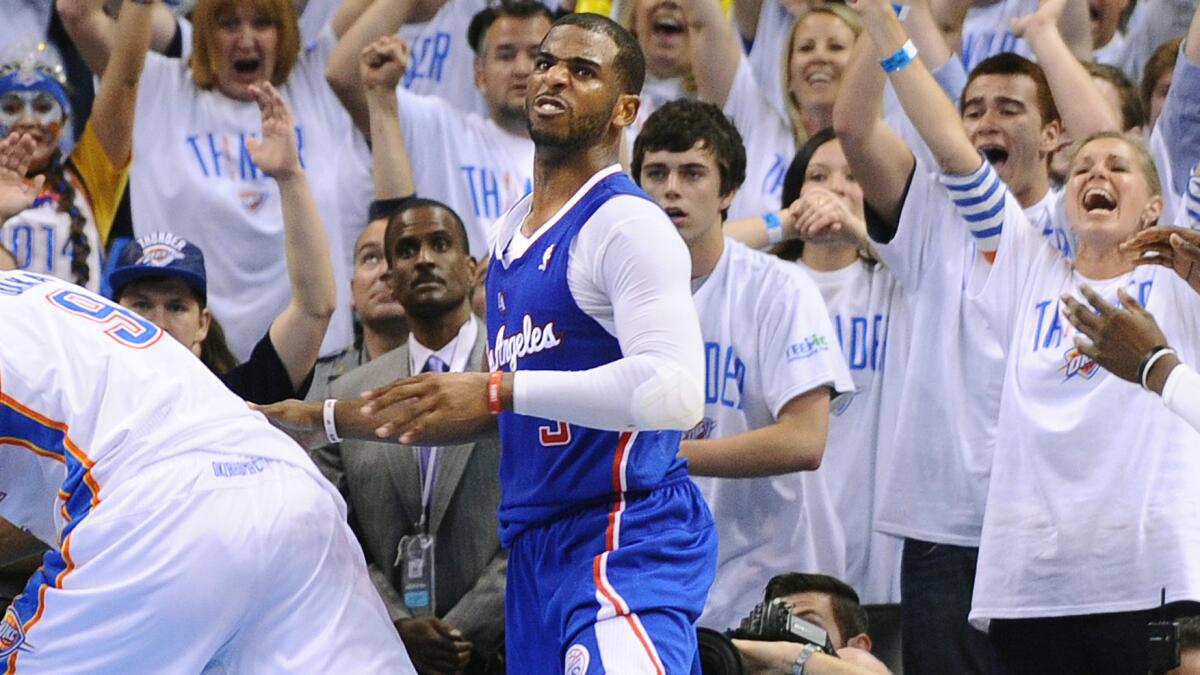 Clippers point guard Chris Paul after losing the ball to Oklahoma City's Serge Ibaka at the end of the Clippers' 105-104 loss in Game 5 of the Western Conference semifinals.