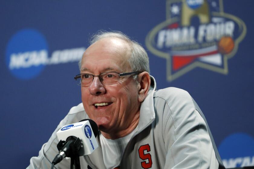 Syracuse Coach Jim Boeheim answers questions at a news conference for the NCAA Final Four college basketball tournament on Thursday, March 31, 2016, in Houston.