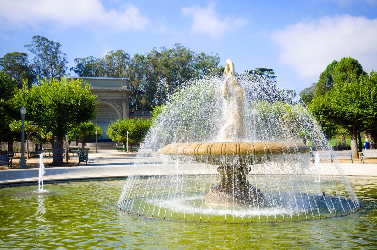 A fountain trickles at the Music Concourse in Golden Gate Park.