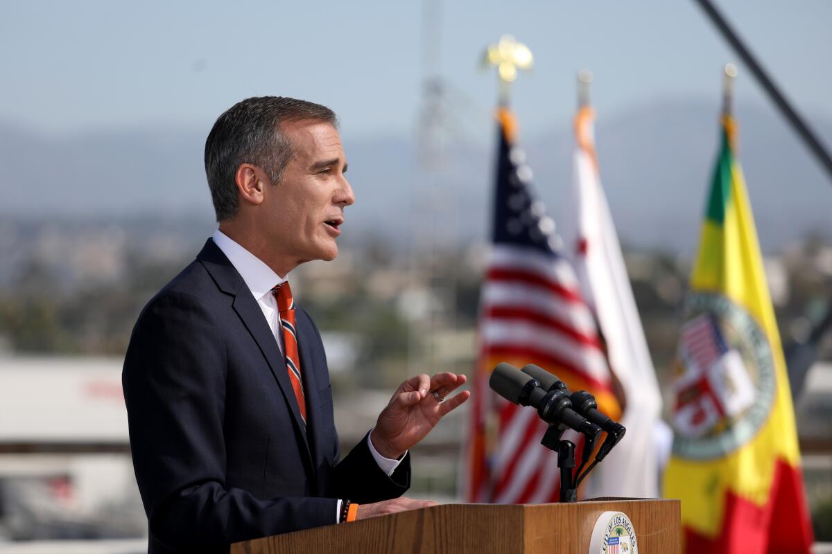 Los Angeles Mayor Eric Garcetti delivers State of the City Address in April.