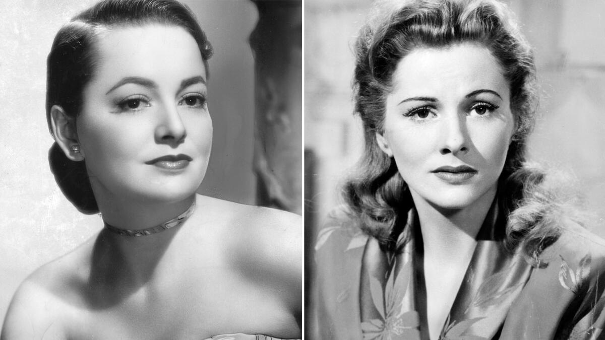 Left: A portrait of actress Olivia de Havilland in 1945. Right: Actress Joan Fontaine in 1941's "Suspicion." (Left: Paramount Pictures. Right: RKO Radio)