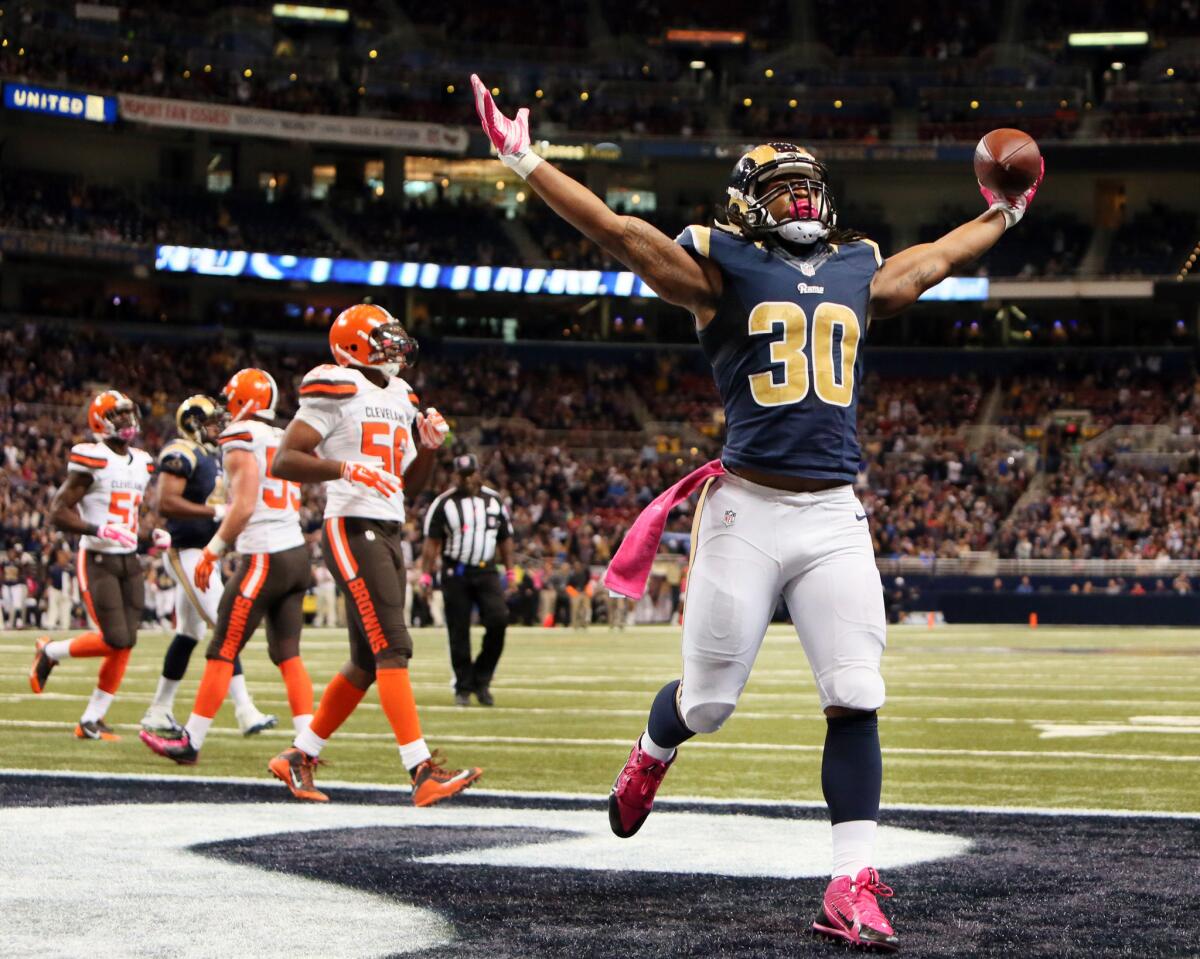Rams running back Todd Gurley celebrates after scoring a touchdown against the Browns on Oct. 25, 2015.