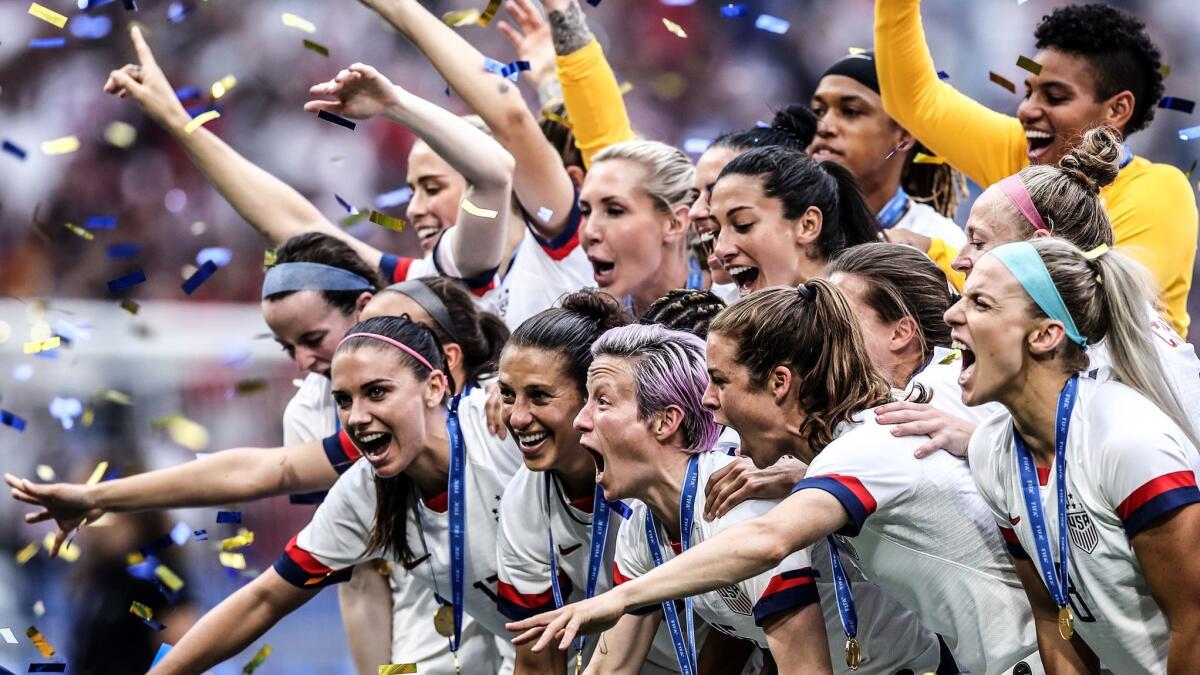 The U.S. women’s national soccer team celebrates its victory in the 2019 FIFA Women's World Cup France Final match against the Netherlands in Lyons, France, on Sunday.
