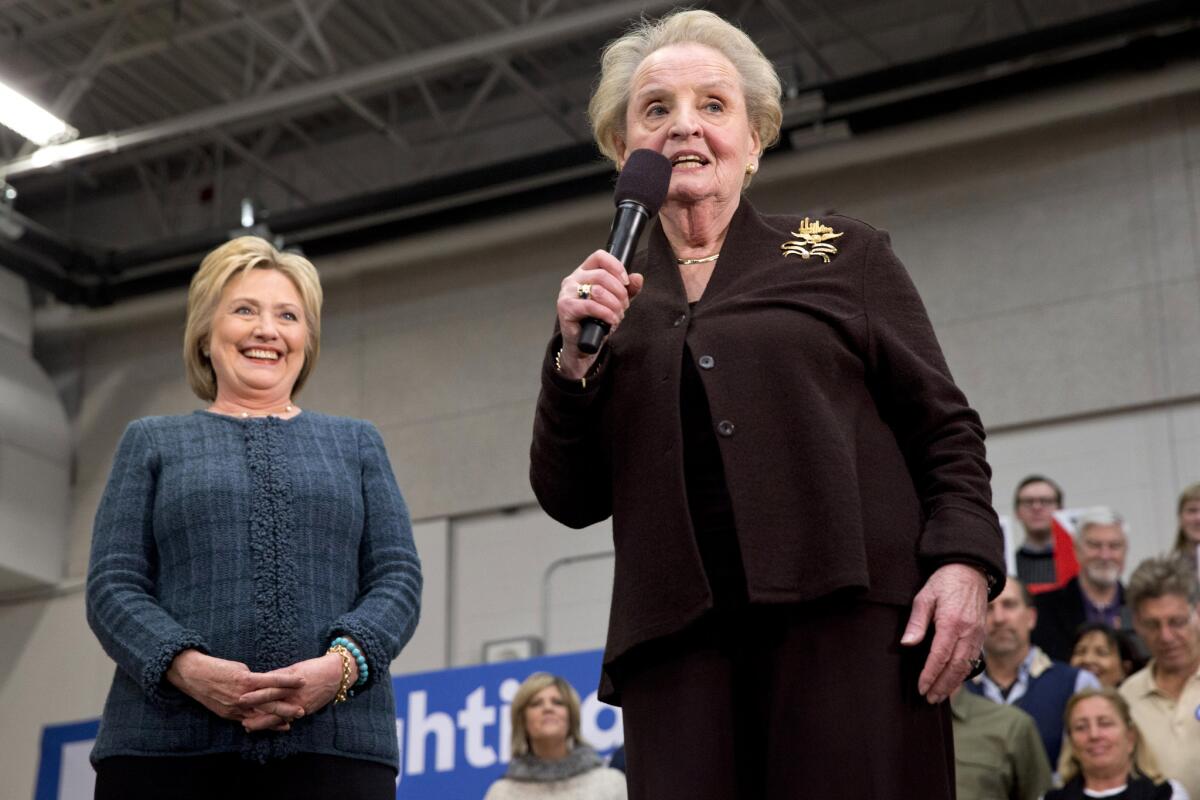 Former Secretary of State Madeleine Albright introduces Democratic presidential candidate Hillary Clinton at a campaign event in Concord, N.H. on Feb. 6.