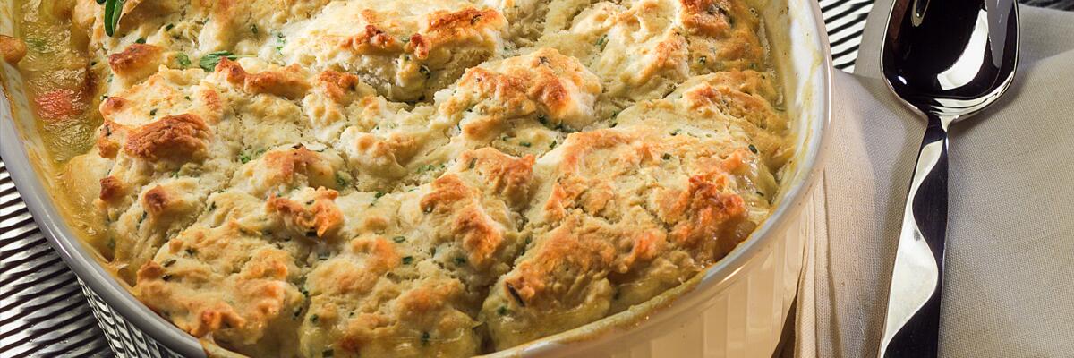 Turkey pot pie with drop biscuits.