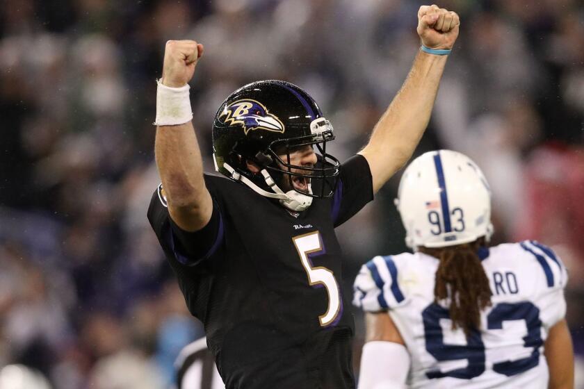 BALTIMORE, MD - DECEMBER 23: Quarterback Joe Flacco #5 of the Baltimore Ravens celebrates after a touchdown in the fourth quarter against the Indianapolis Colts at M&T Bank Stadium on December 23, 2017 in Baltimore, Maryland. (Photo by Patrick Smith/Getty Images) ** OUTS - ELSENT, FPG, CM - OUTS * NM, PH, VA if sourced by CT, LA or MoD **