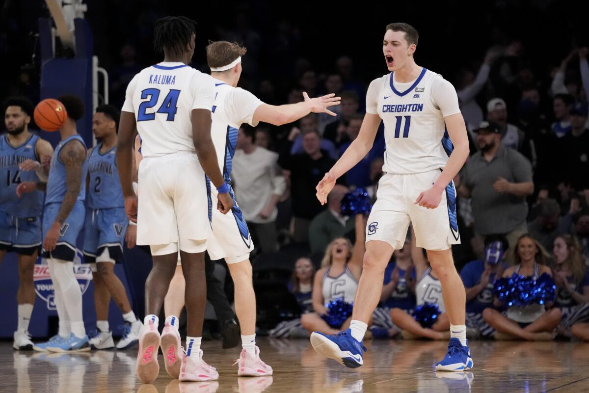 Creighton's Ryan Kalkbrenner celebrates after scoring in the second half against Villanova.