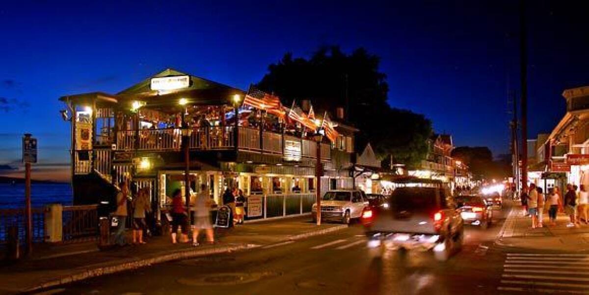 A busy street on Lahaina marks the town's bustling tourist trade.