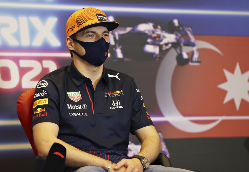 Red Bull driver Max Verstappen of the Netherlands speaks during a media conference ahead of the Formula One Grand Prix at the Baku Formula One city circuit in Baku, Azerbaijan, Thursday, June 3, 2021. The Azerbaijan Formula One Grand Prix will take place on Sunday. (Clive Rose, Pool via AP)