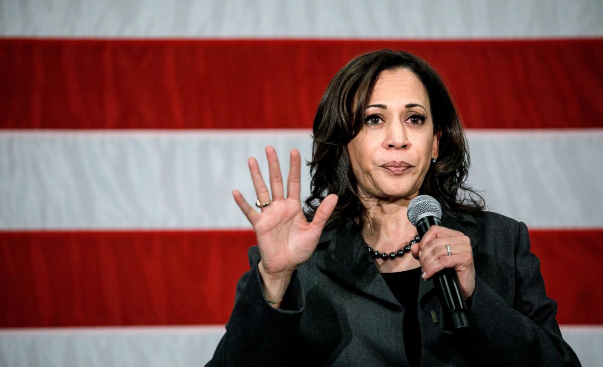 VP Kamala Harris (then, a senator) speaks at a campaign rally on Feb. 23, 2019.