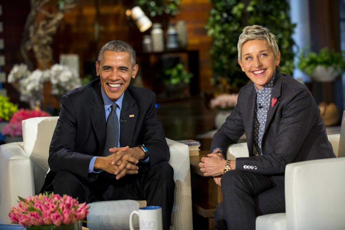 President Obama and Ellen DeGeneres during a commercial break on her TV show.